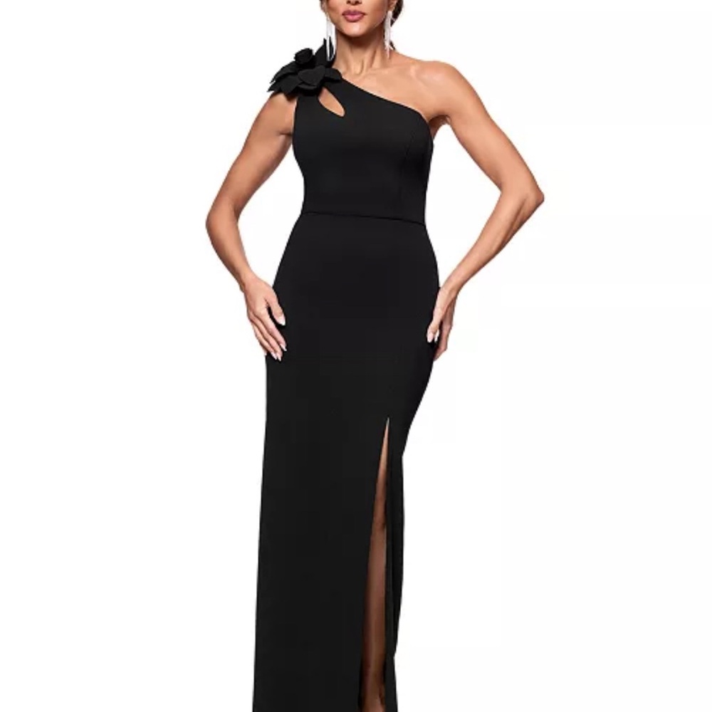 Xscape Black One-Shoulder Dress with Floral Detail